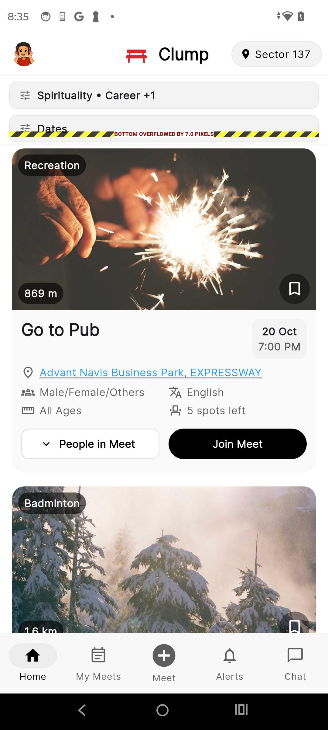 Crewda feed screenshot showing nearby activity cards