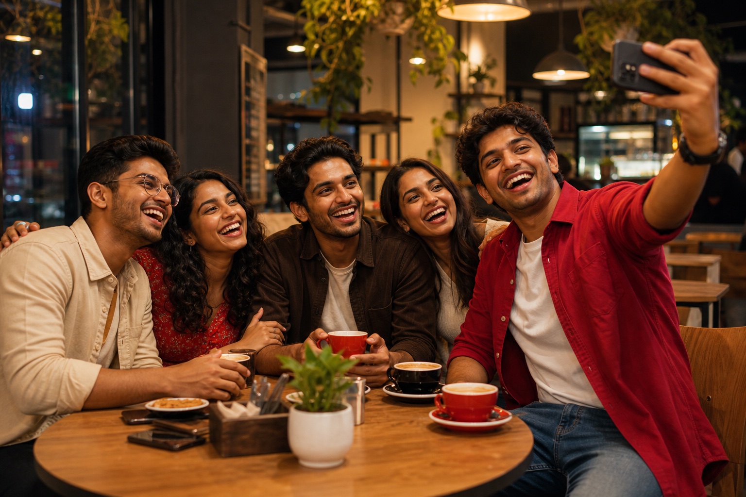 A Crewda-style coffee crew taking a group selfie at a cafe table