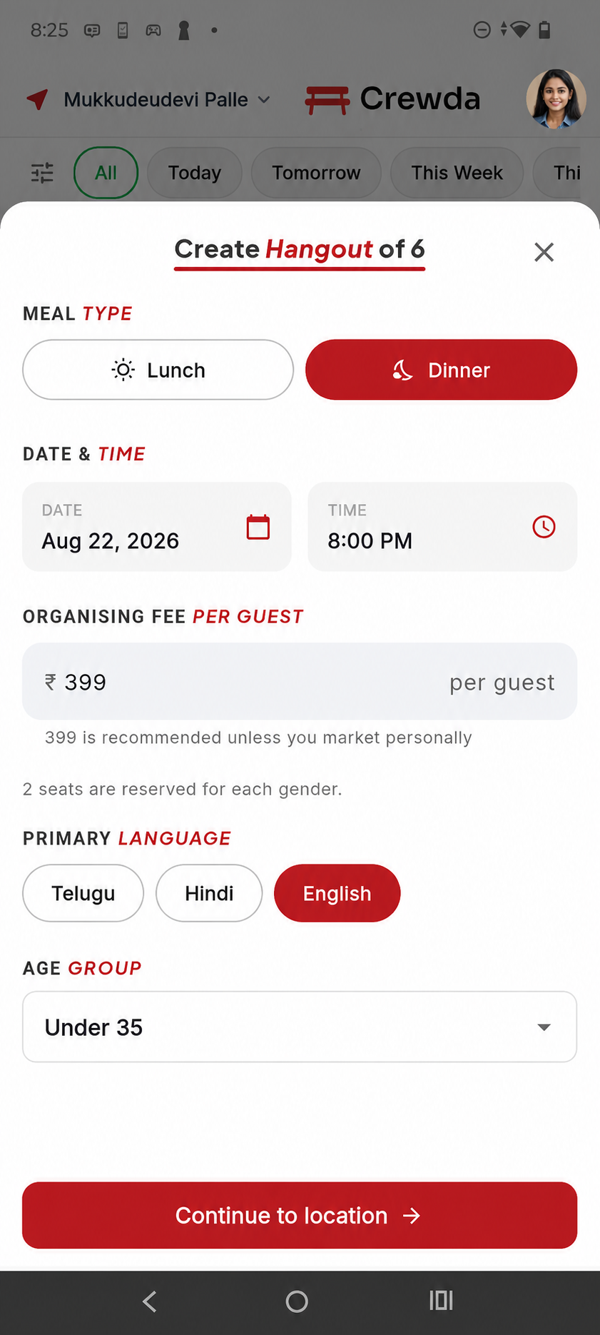 Crewda screen for creating a hosted lunch or dinner