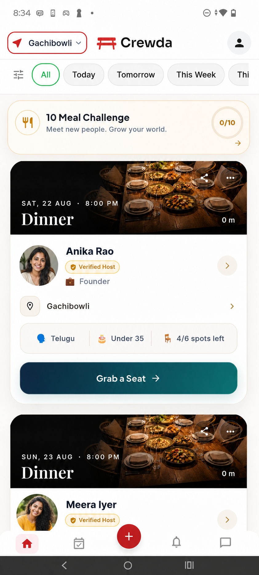 Crewda app feed showing dinner tables hosted by Anika and Meera